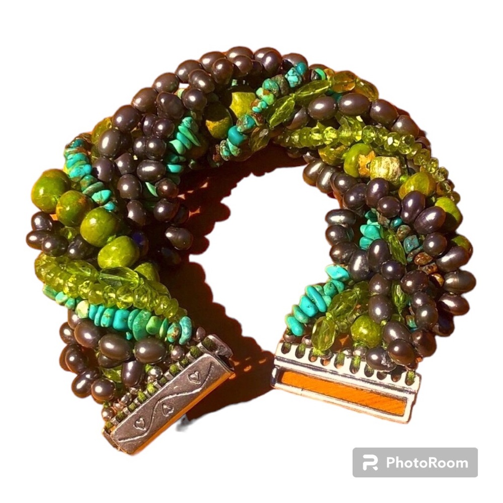 Chan Luu Vintage Green Turquoise Peridot Purple Seed Pearl Bracelet 925 clasp
